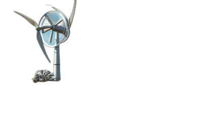 3D render of a wind turbine with a blue mirror on a black background, flying in the air in the style of a cartoon, with a minimalistic design, a 2D illustration in an isometric view with white and silver colors, in sharp focus with studio lighting, a high resolution photograph, with intricate details of an isolated object against a black ground.