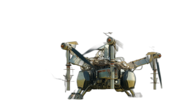 A small drone robot with four legs and arms made of metal, the top is equipped with robotic hands. In space, on a black background, concept art in the style of [Craig Mullins](https://goo.gl/search?artist%20Craig%20Mullins), sci-fi style, full body shot, front view, low angle, 3D render created with software such as C4D and Blender.