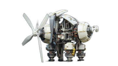 A small white space engine with three propeller blades, the internal structure is complex and detailed. The overall shape has some elements of technology against a black background. The style is scifi with hyperrealistic details in the photography from professional lighting effects in the style of product design photography.