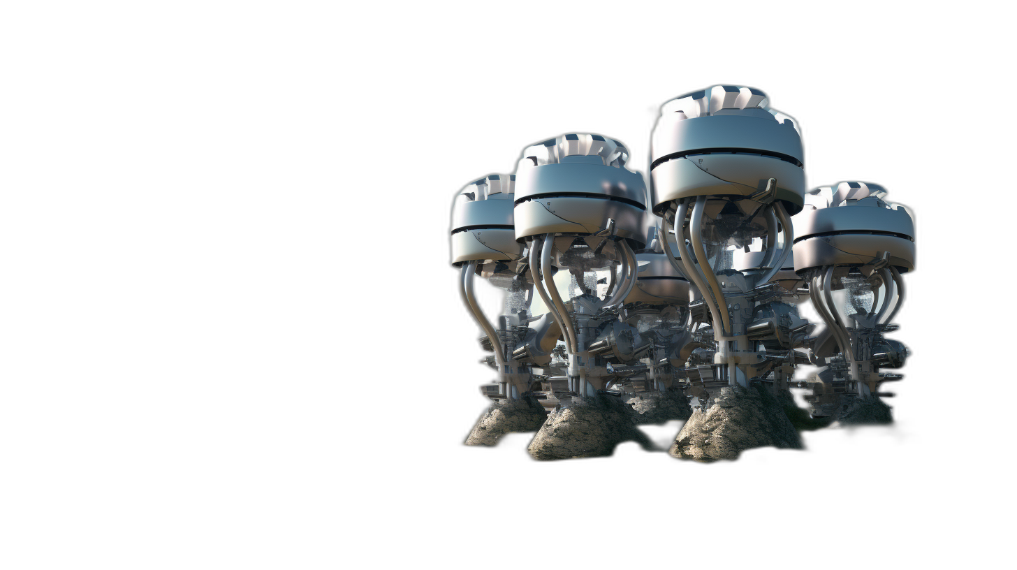 A cluster of futuristic engines on a black background, rendered in a 3D cartoon style from a 45 degree side view, with a white metal material and wires connecting the engines. In front of the engines are three rock-shaped objects placed in front of each other in a simple, clean and symmetrical composition with a high resolution and pure black background, without any light effects.