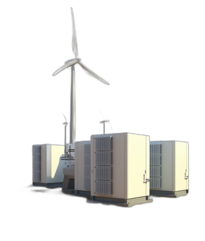 A photorealistic rendering of an energy storage system with wind turbines, set against a black background. The focus is on the modern and sleek design of the battery containers and their integration into sustainable power plants for clean energy production in the style of clean energy.