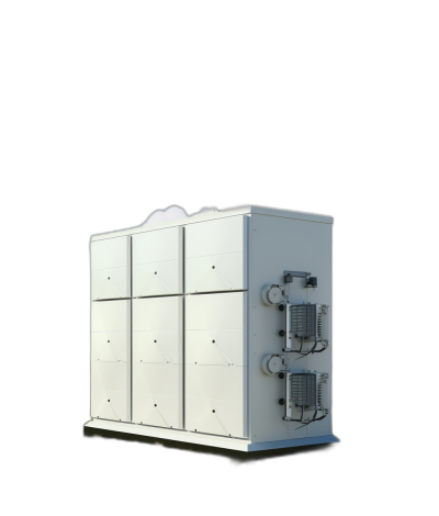 3D render of white industrial air conditioner cabinet, isolated on black background, view from the side, perspective at an angle of about 5 degrees, style studio shot