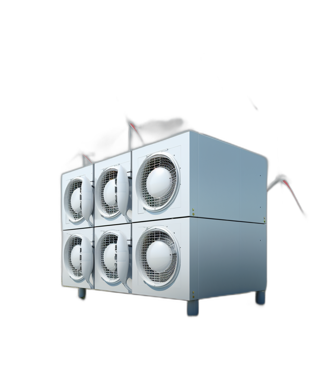 A white air conditioner with six square boxes on the front, each box has one fan and is connected by wires to form an L shape, with a black background, 3D rendering effect, in the style of high resolution photography, perspective composition, soft lighting, cool color tone, minimalist design. The product features indoor dehumidification equipment for dryers, high quality materials, in the style of professional advertising photography.