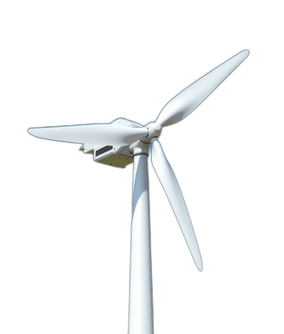 White wind turbine with blades on black background, low angle view, photorealistic, ultra realistic, high resolution photography