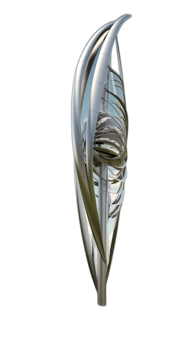 A futuristic and sleek chrome sculpture of an abstract tulip, isolated on black background with no shadows, 3d rendering,