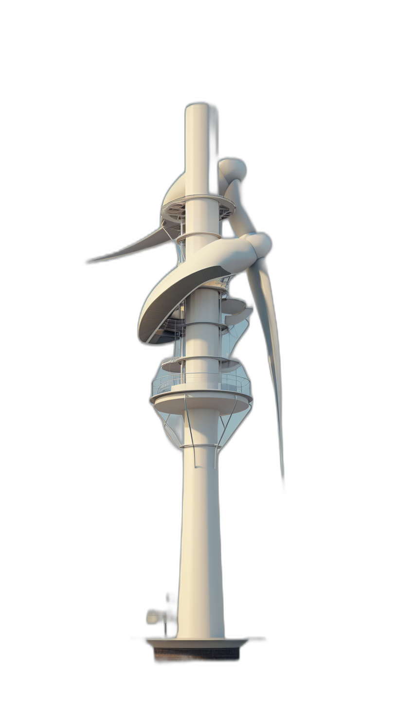 A white wind turbine with an elongated body and tower, designed for urban environments, featuring multiple levels of circular shapes on the top. The structure is isolated against a black background, showcasing its unique design as part of city streets or rooftop spaces.