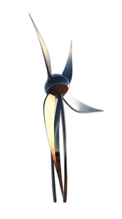 A wind turbine made of chrome, 3D rendering, black background, with a sense of light and shadow. It is threedimensional, with sharp edges and fine details. The overall shape resembles the wings of birds or cats. In the center of its body there's an open part that shines like gold, creating a strong contrast between dark colors and bright lighting.,,in