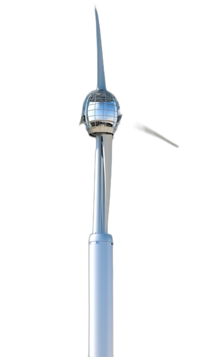 White wind turbine with round ball on top, on black background, hyper realistic photo