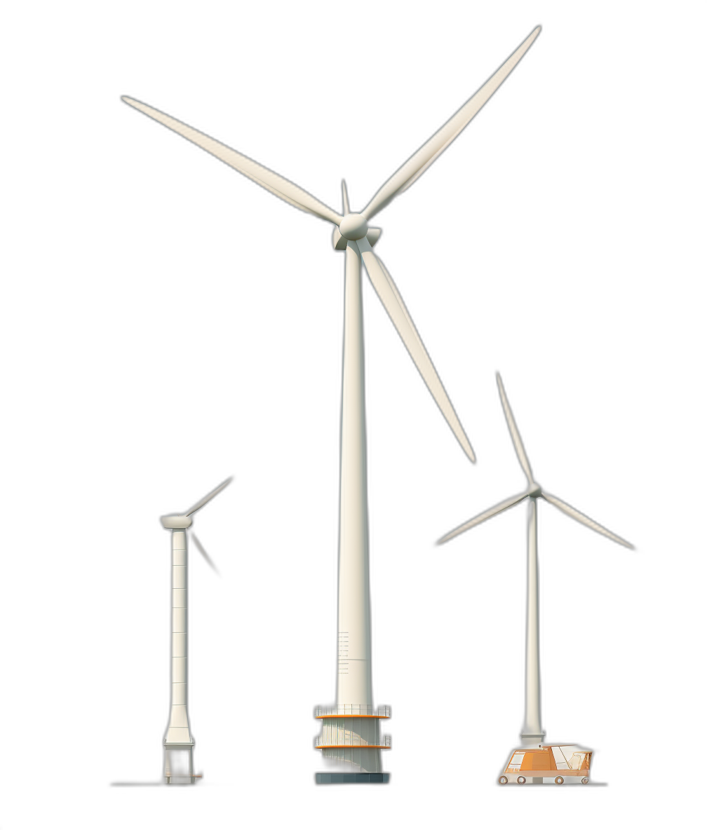 Three white wind turbines of varying heights, on a black background, 3D rendered, in a cartoon style, high resolution, in the style of Pixar.