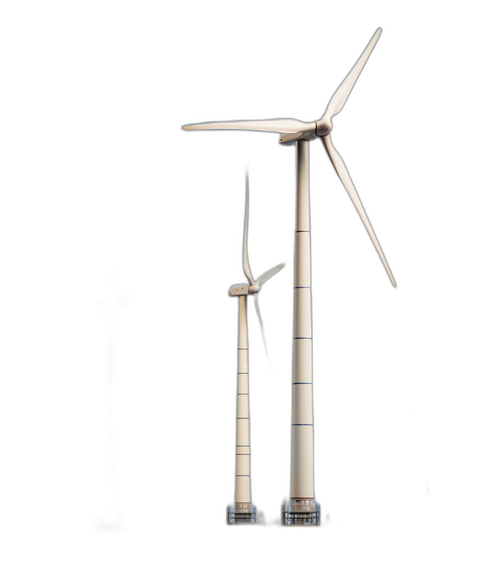 Two wind turbines on a black background, one spinning and the other still with no motion, photorealistic in the style of hyperrealism, white color tone, high resolution, detailed