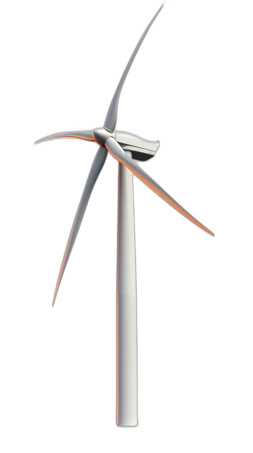 White wind turbine, with a simple design, was created as a vector illustration on a black background in a minimalist style in the 45 degree side view without a shadow on the ground and featuring a white and orange color scheme. It has high resolution, detail, and quality. The overall shape resembles an arrowhead, with sharp edges and corners. It has smooth curves in its structure. The design does not make it look very slender. The artwork has a focus and highlight effect reminiscent of game art.