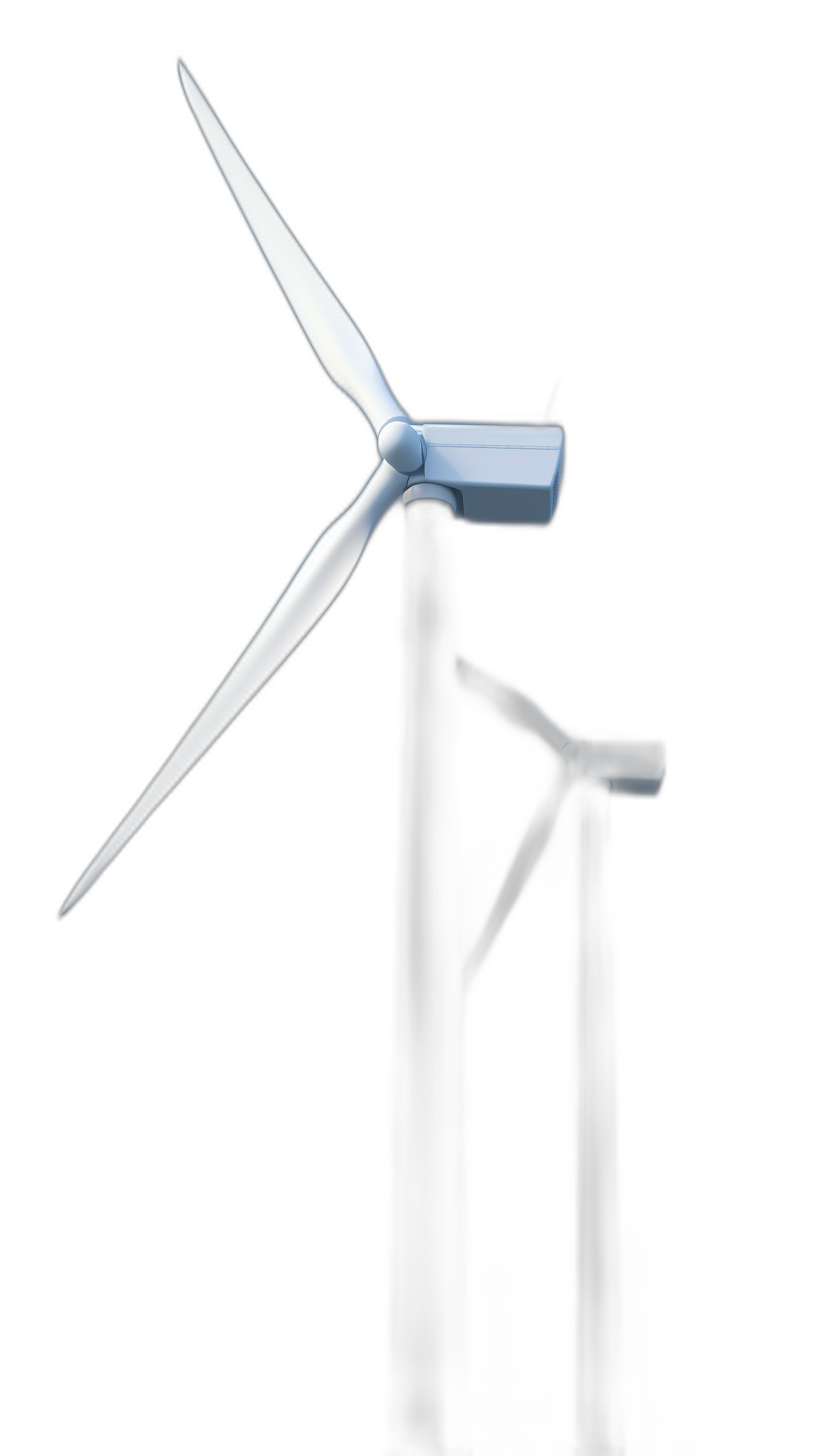 3D rendering of a wind turbine on a black background from a low angle, in a minimalist style with high resolution and sharp details, lit with studio lighting, featuring a white windmill with blue blades.