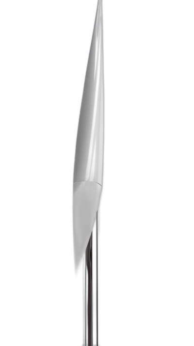 A white futuristic spear with its tip pointing upwards on a black background, a 3D render in the style of Unreal Engine and Blender.