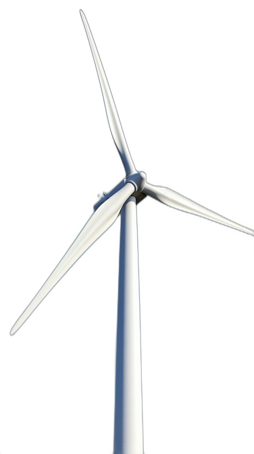 White wind turbine against black background, low angle view, closeup, photorealistic, high resolution photography