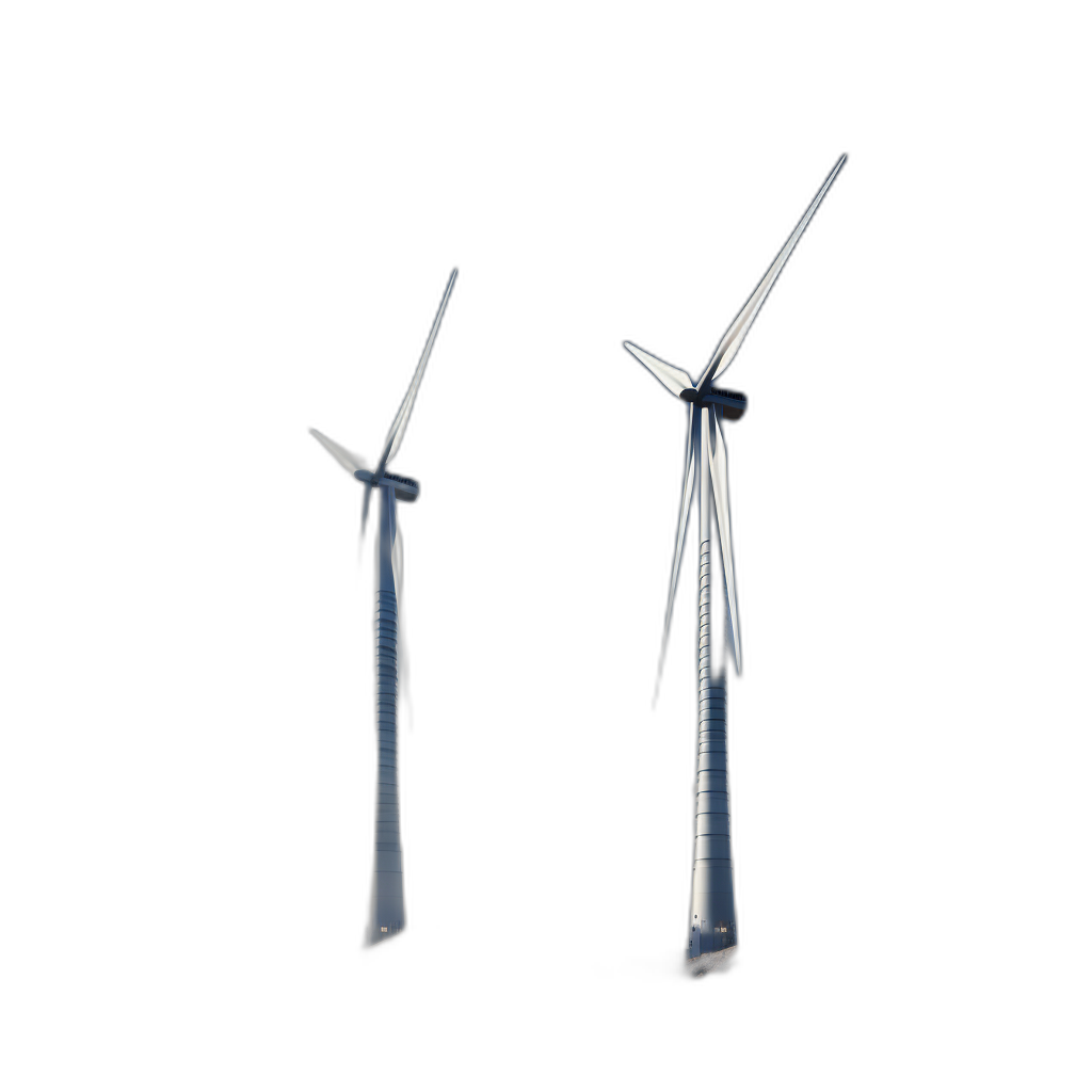 two wind turbines on black background, one is much bigger than the other, hyper realistic, octane render, high resolution photography, insanely detailed and intricate, cinematic lighting, high angle shot, super detailed, vibrant color grading,