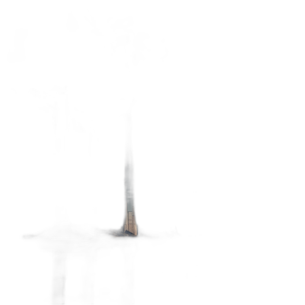 A small, bright light is shining through the darkness of a pitch black space. A slender pillar stands tall in front of it. The silhouette outline is visible against the dark background.