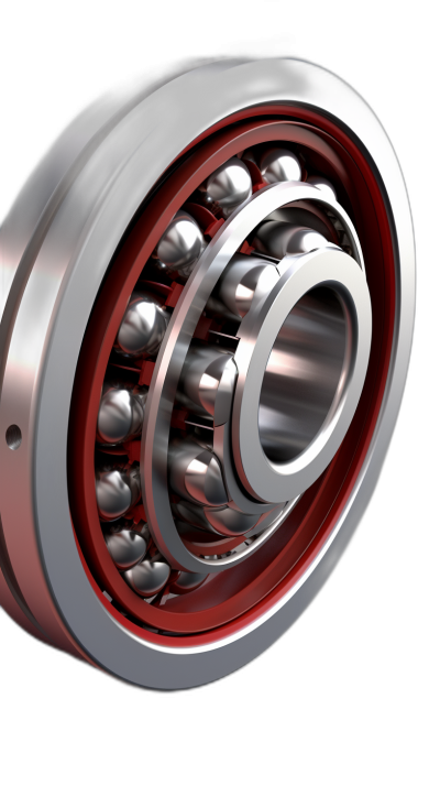 3D render of a ball and roller bearing on a black background, with a metallic finish and red details, in a hyper realistic style.