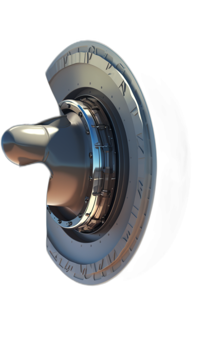 3D render of a jet engine in a close up low angle view of the impeller in front against a black background, with a white and silver color theme, in the style of a Blender rendering.