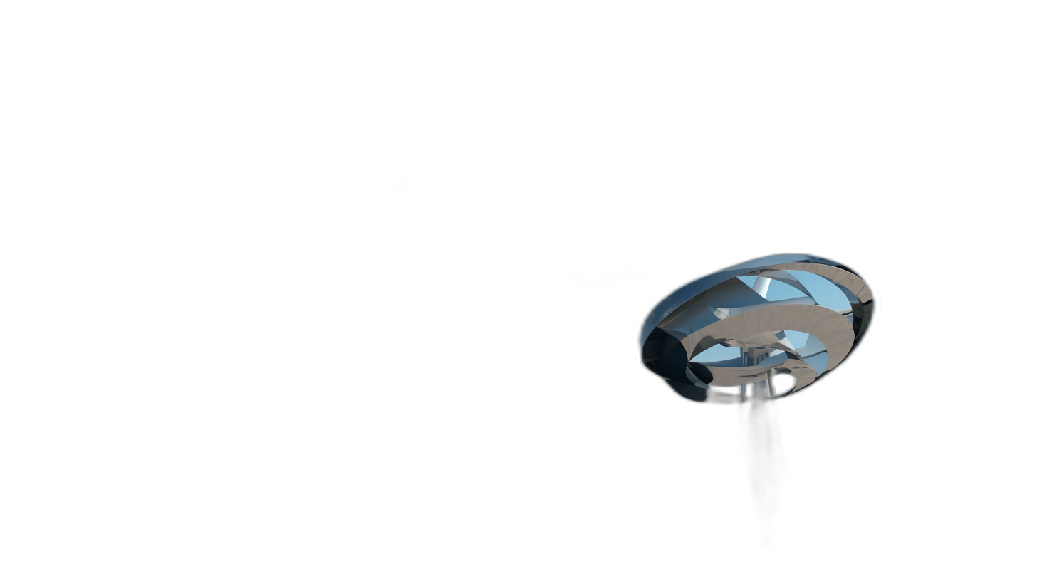 A single silver futuristic object floating in the air against a black background, a 3D rendering in the style of a cartoon, viewed from a low angle, with a simple design, minimalistic, lit with white lighting, with high resolution, high detail, and high quality.