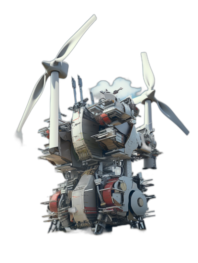 3D rendering of a mechanical windmill with multiple blades against a solid black background, 20 megapixels, in the style of anime, cutout, created in C4D or Blender, high resolution