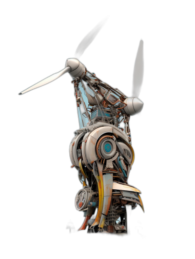 a very detailed high resolution photo in the style of wes andersson of an old air plane with propellors and lots of cables that has been turned into an mechanical robot dog made out of steel, metal wings on its back, blue eyes, black background, standing upright looking straight at camera, garden theme, colorful