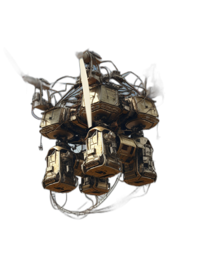 Aerial view of a robot made from many small cubes, wires and cables hanging down from it, on a black background, in the hyperrealistic sci-fi style, with a dark gold color palette, rendered in Octane, from a low angle shot with a symmetrical composition, in a closeup shot.