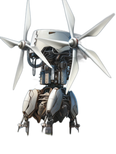 concept art of small white and grey flying robot with propeller engine, front view on black background