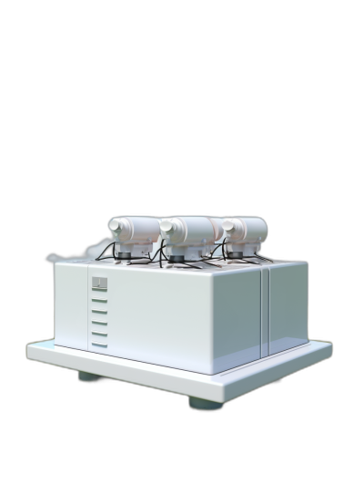 A white plastic model of an air conditioner with four condensers on top, placed on the table at eye level, with a black background, a 3D rendering, studio lighting, high resolution photography, high quality details, super realistic detail in the style of studio photography.