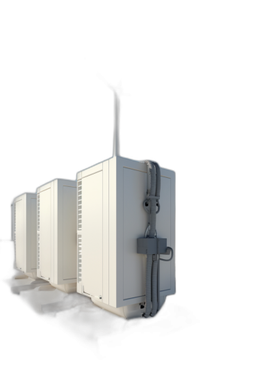 A white heat pump on the side of an industrial building, with a black background, rendered in a photorealistic, hyperrealistic style, lit with studio lighting, shown in closeup shot with front view perspective, at high resolution with super detailed 3D rendering.