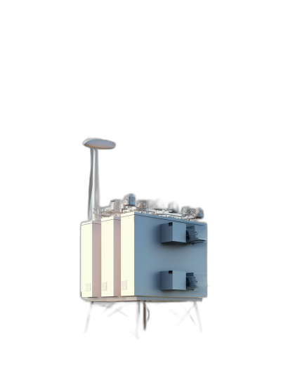 A small power plant model, blue and white color scheme, black background, cartoon style, isometric view, studio lighting, C4D rendering, high resolution details, high quality materials, high texture, top light source, high gloss. The main body of the picture stands on its side with an isolated background. There's also a radio tower in front of it. In the middle there was a cityscape. On both sides were blue accents, creating a strong contrast between them and other elements.,,in