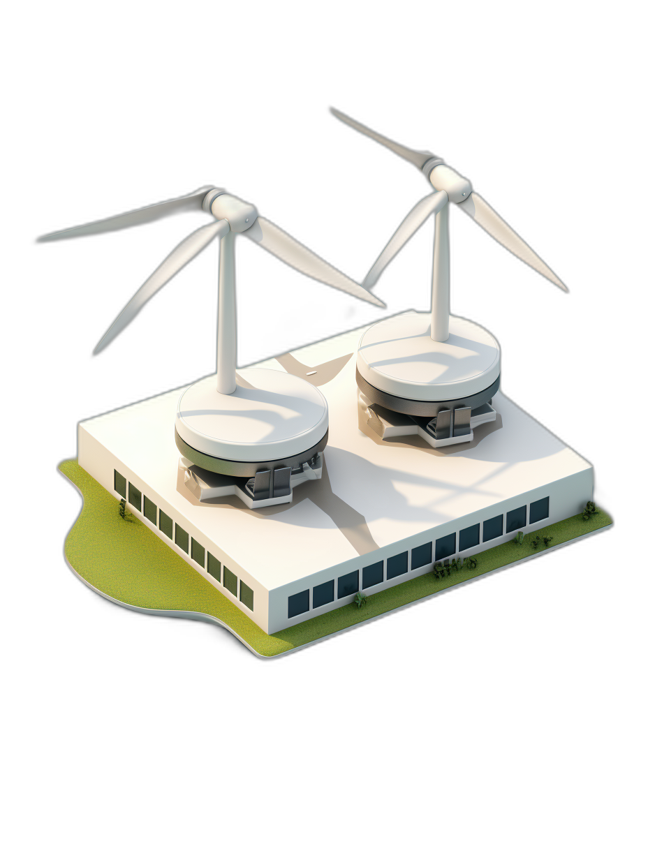 3d isometric model of two wind turbines on top and roof, one small building with windows in front, white color, black background, green grass around the buildings, simple design, low detail, no shadows, blender render