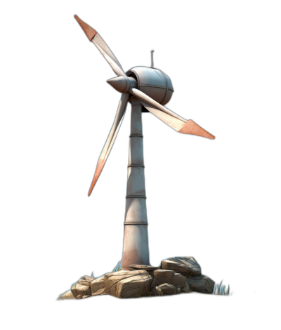 A wind turbine game icon design with a black background in the simple, low detail cartoon 3D rendering style with simple and smooth white colored lines and a wind power theme. The top of the tower is covered with rocks, while below it has long blades turning in strong winds. From a high angle perspective, the wind can be seen blowing over the blade surfaces with bright lighting and a sense of speed in the style of.