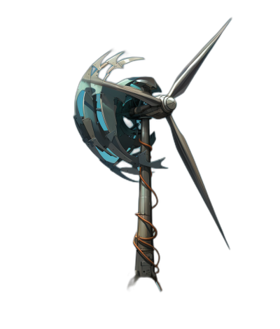 A wind turbine with sharp claws on the blades, in a cartoon style, for a game asset design, on a black background, concept art in the style of [Joe Madureira](https://goo.gl/search?artist%20Joe%20Madureira)