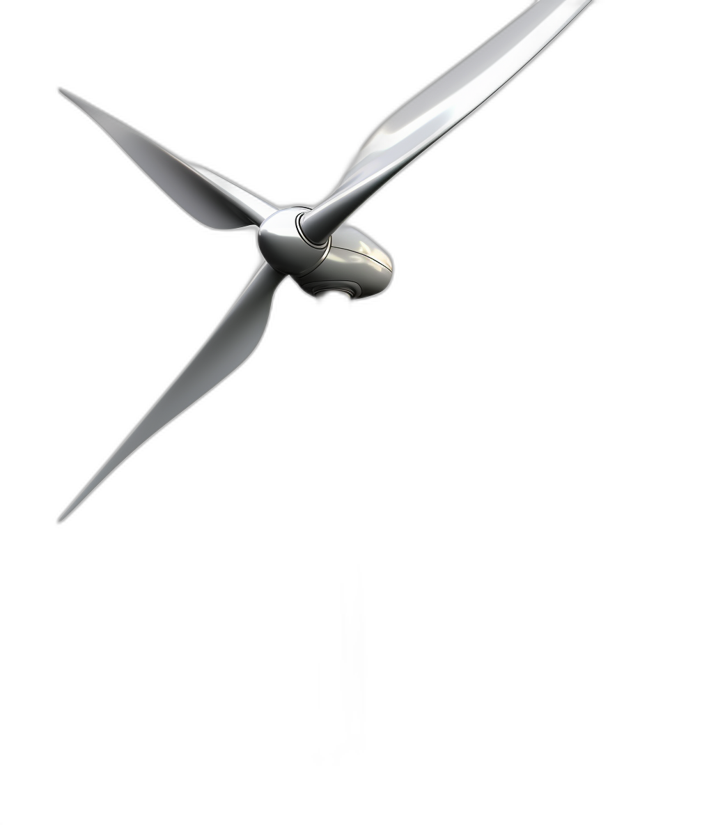 flying silver wind turbine, solid black background, no shadows, ultra realistic, close up, sharp focus, high resolution photography