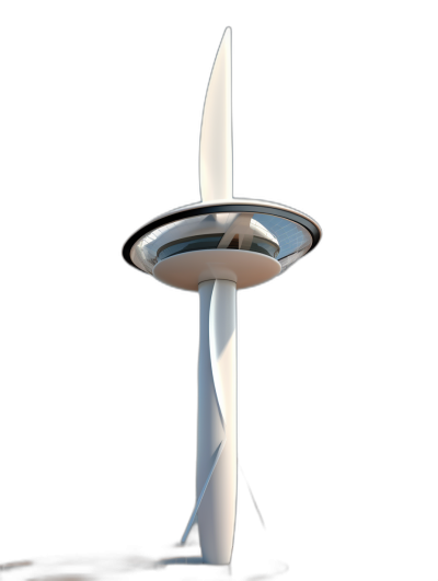 White wind turbine with black background, minimalist style, cartoon design, 3D rendering, C4d rendering, high resolution, 8K, front view, symmetrical composition, bright light source, high saturation. White sculpture on top of the tower. The knifeshaped white pillar is placed in an open circular platform at its base. It has sharp edges and curves that resemble blades, creating strong visual impact. in the style of minimalism.