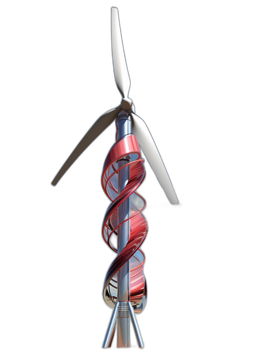 A wind turbine with spiral blades, with red and white lines on the blades, against a black background, isometric view, front view, rendered in a translucent medium in the style of redshift renderer.