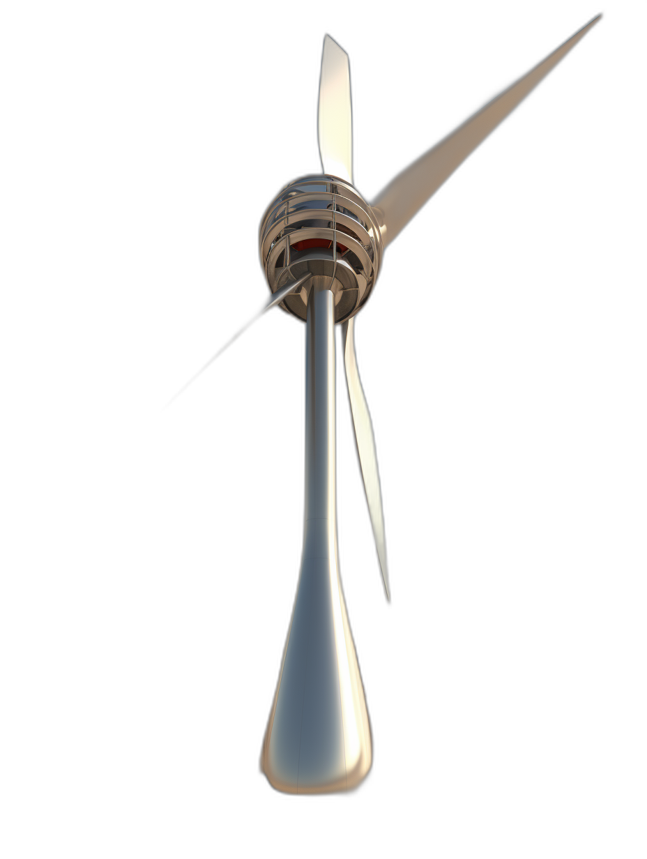 wind turbine, 3D render, in the style of blender, white metal and glass, flying on a black background, close up, perspective view