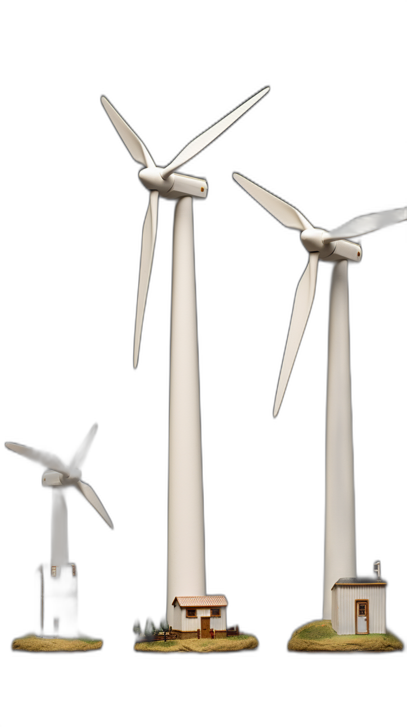 3 white wind turbines of different sizes, each with one blade missing and a small house next to it, against a black background, in the style of photorealistic techniques, rendered hyper realistically.