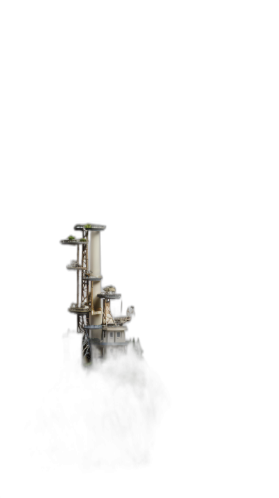 A tiny, miniature model of an oil rig floating in the darkness. The scene is isolated on black background, and the composition includes a front view. There's no text or logo visible. This photograph captures the whimsical nature of a small structure against the vastness of space. It creates a sense of scale and mystery with its detailed focus on the miniature industrial object.