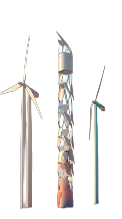 A lowpoly model of wind turbines, rendered in isometric view with a solid black background. The three models feature a white tower at the center and two smaller towers on either sides. Each structure has five blades, each blade featuring dynamic shapes that give it an abstract appearance. They appear to be standing together against a dark backdrop, with soft lighting highlighting their contours. This scene emphasizes the unique design elements of these modern energy structures in the style of minimalist lowpoly design.