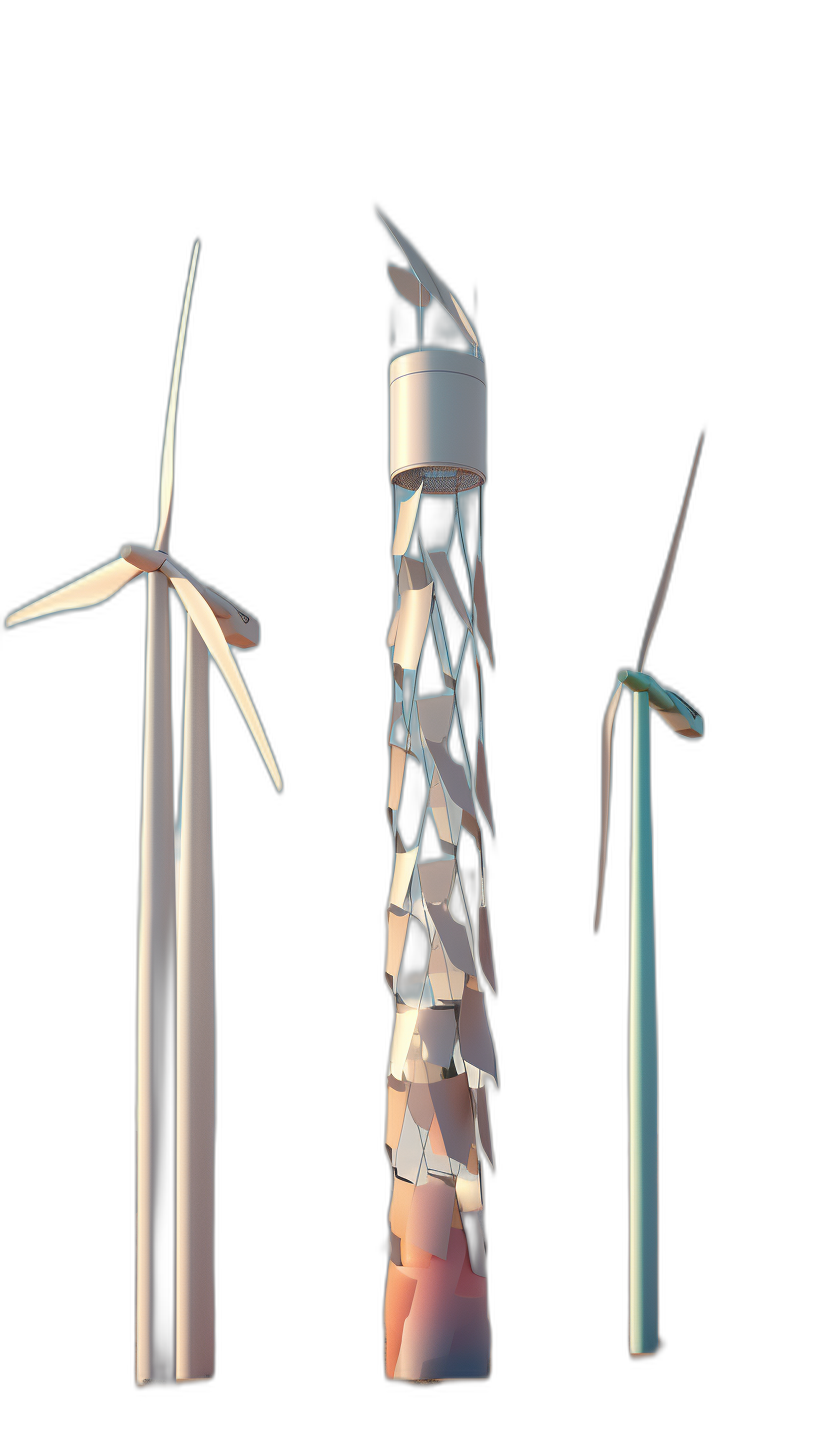 A lowpoly model of wind turbines, rendered in isometric view with a solid black background. The three models feature a white tower at the center and two smaller towers on either sides. Each structure has five blades, each blade featuring dynamic shapes that give it an abstract appearance. They appear to be standing together against a dark backdrop, with soft lighting highlighting their contours. This scene emphasizes the unique design elements of these modern energy structures in the style of minimalist lowpoly design.