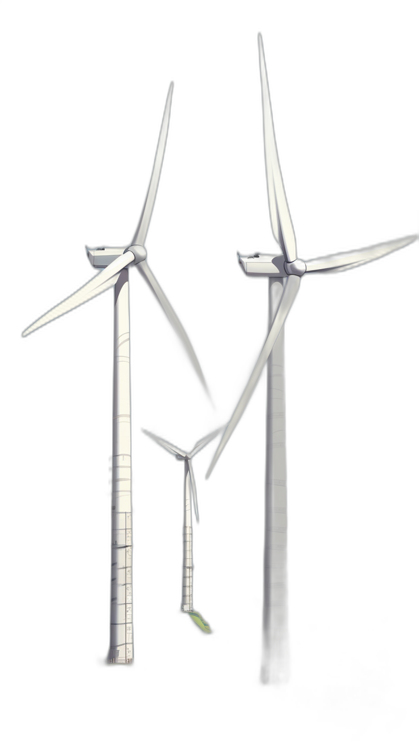 A set of wind turbines, vector graphics, black background, white lines, simple design, 3D rendering, minimalism, simple details, full body, front view, threedimensional three wings in different directions, with the main wing facing forward and two smaller ones on both sides, with green energy flowing from their blades. ,