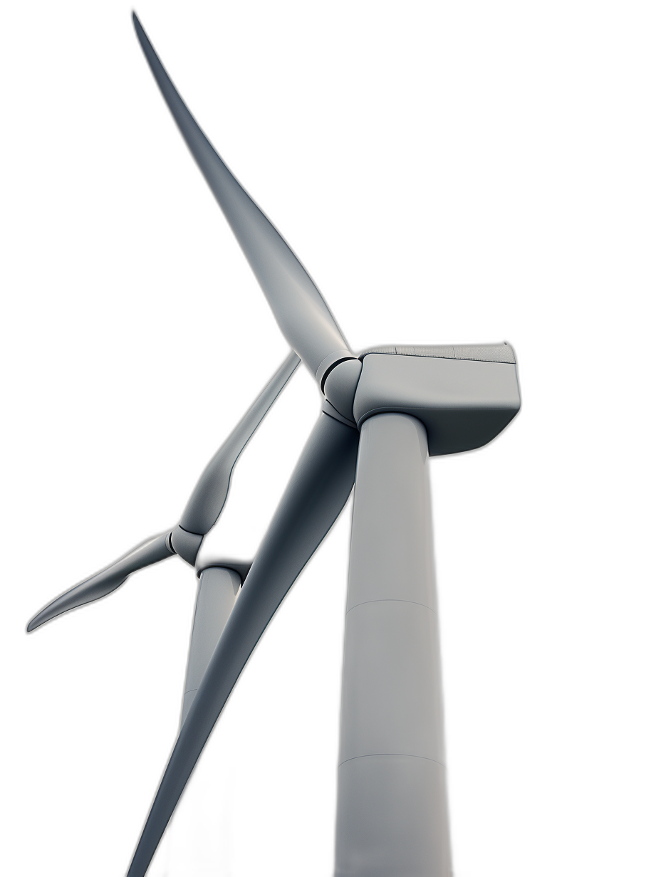 A wind turbine with blades in white and gray colors on a black background, with high resolution and no blur effect, in the hyper realistic and detailed style, from a studio photo shot.