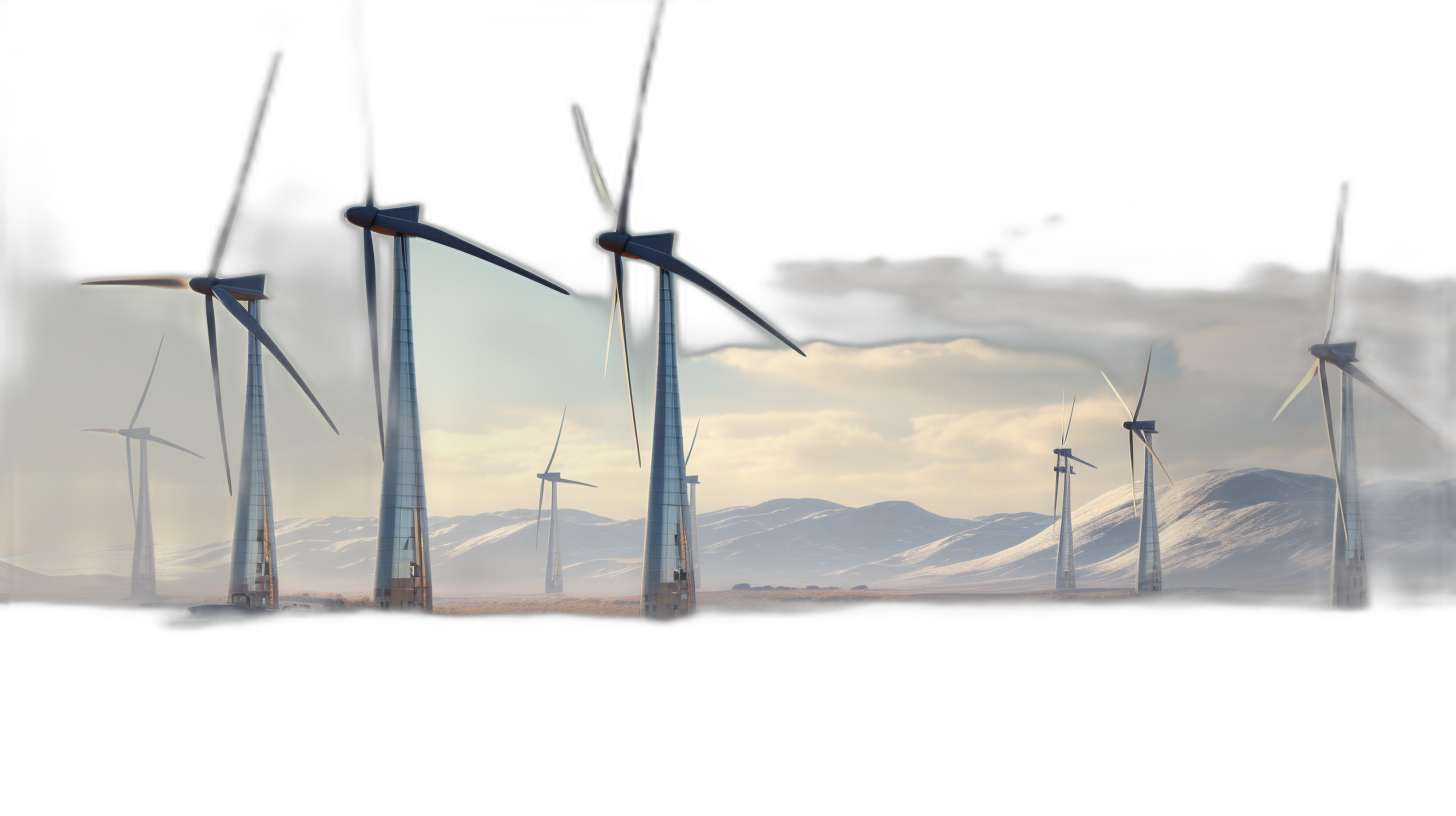 A series of wind turbines against the backdrop of mountains, windmills in motion, wind power plants. The background is dark and cloudy sky. Realistic illustration. High detail. Black background.