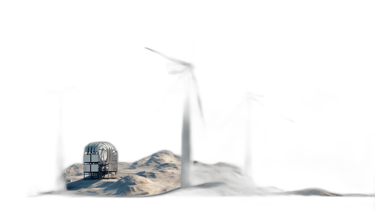 A wind turbine in the dark night sky, a small door is opened on top of it and snowcovered hills can be seen inside, black background, hyper realistic, concept art