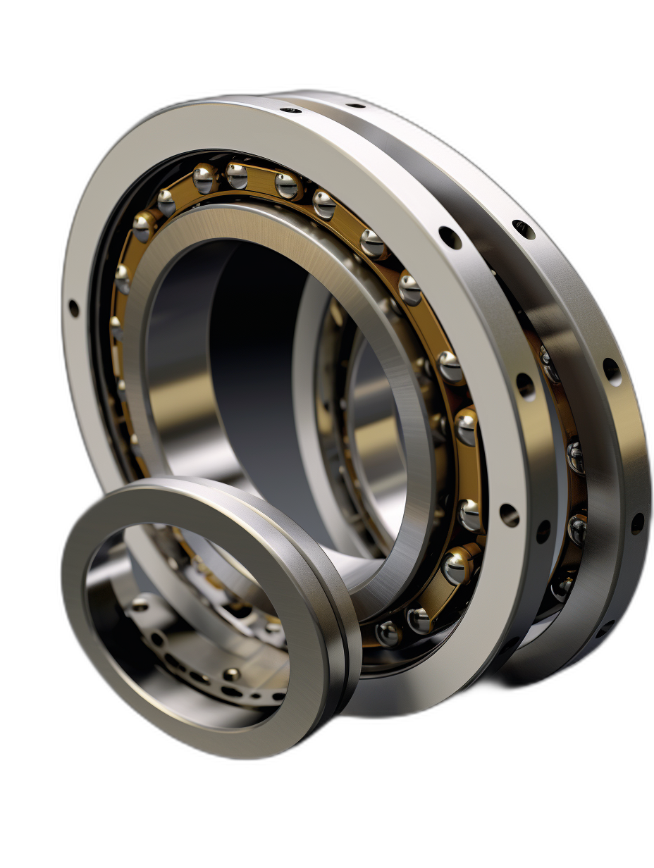 3D render of two miniature circular ball bearings on a black background, one made from steel and the other with a gold finish, isolated on a white or transparent background, highly detailed and in sharp focus with studio lighting.