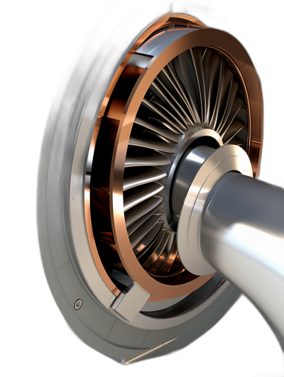 3D render of a closeup of a turbine in metal and copper with white reflections against a black background in a low angle shot, with an octane rendering, hyperrealistic details, sharp focus, studio lighting in a cinematic style, with volumetric light, highly detailed, high resolution, and super realistic with sharp focus in the style of photography.