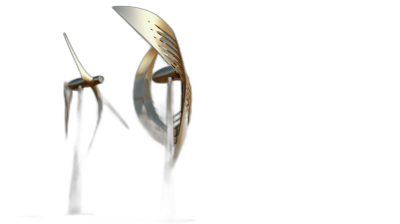 A wind turbine with two blades on the left and right sides, with a black background, with a gold metal texture on one blade. The two blades are slightly open, with one leg of each silhouette standing upright in front. In the style of C4D rendering, the three-dimensional structure includes a detailed depiction of wind turbines and translucent film materials. High resolution, dark background, illuminated by bright light.