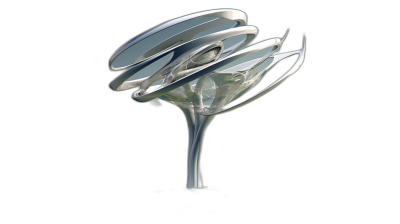 3d rendering of silver abstract art object, resembling the shape and structure of an otherworldly alien flower or tree with four petals on top. The plant is isolated against black background. It features three transparent glass rings that form its base and showcase an organic design inside. A concept for futuristic technology inspired by space exploration.