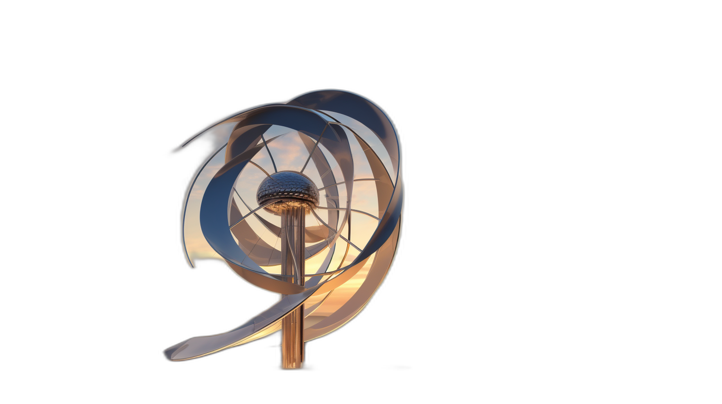 A modern windmill with the silhouette of an olympic flame in its blades, rendered in the style of an isolated 3D image on a black background.